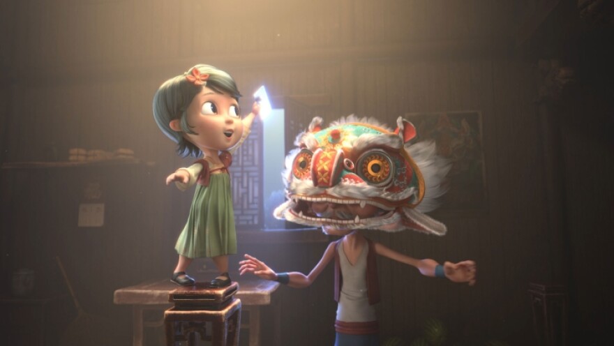 A still from an animated short film of a little girl standing on a table next to a man wearing a dragon mask.