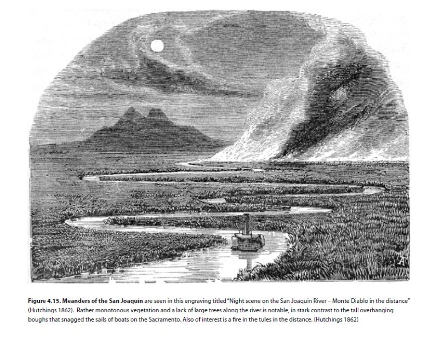 Meanders of the San Joaquin are seen in this engraving titled “Night scene on the San Joaquin River – Monte Diablo in the distance” (Hutchings 1862).