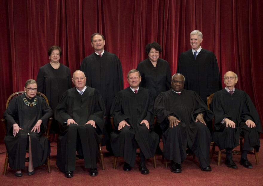 Justices of the Supreme Court sit for their official group photo in June 2017. Seated, from left: Ruth Bader Ginsburg, Kennedy, Chief Justice John G. Roberts, Clarence Thomas and Stephen Breyer. Standing:  Elena Kagan, Samuel Alito Jr., Sonia Sotomayor and Neil Gorsuch.