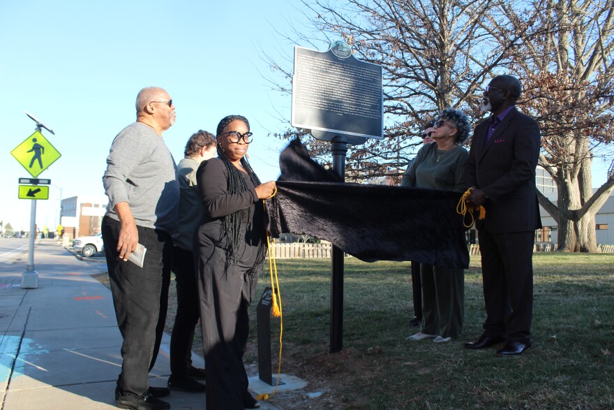 A new marker on the Springfield-Greene County African American Heritage Trail is unveiled at Kentwood Hall on February 26, 2026.