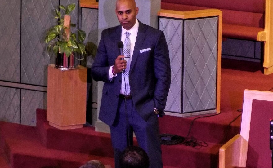 Chief Kerr Putney addressed residents at a community meeting Thursday at Friendship Missionary Baptist Church, on Beatties Ford Road. 