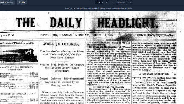 A screenshot of the Pittsburg Public Library Digital Archives, showing a scan of a Daily Headlight newspaper from 1886.