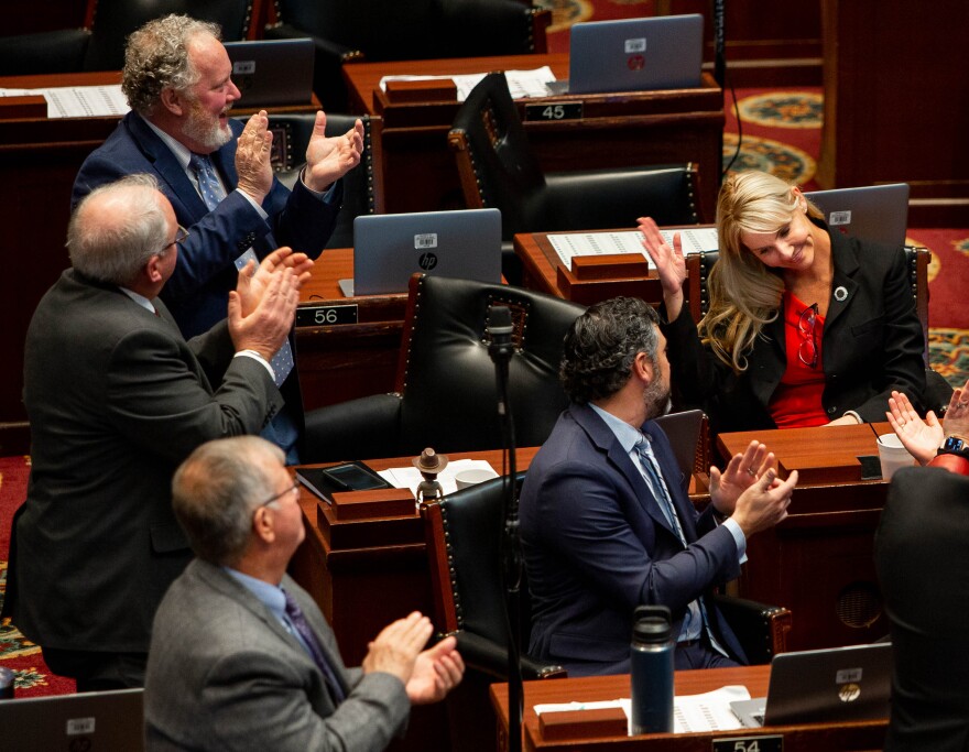 Representatives recognize Rep. Dottie Bailey (R-Eureka)’s birthday on Wednesday during the first day of the legislative session at the capitol in Jefferson City.