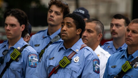 Cape Girardeau first-responders all focus their attention on the speaker during the Patriot Day Commemoration at Academic Hall on the Campus of Southeast Missouri State University, Friday, Sept. 11, 2026.