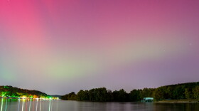 The northern lights over Grand Lake near Jay, Oklahoma are seen on Thursday, Oct. 10, 2024