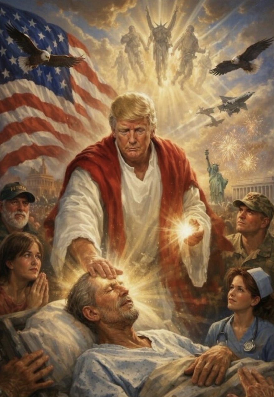 The meme of himself as Jesus that President Trump posted on social media this week before erasing it amid outcry from Christians. (He insists it was himself as a doctor.)