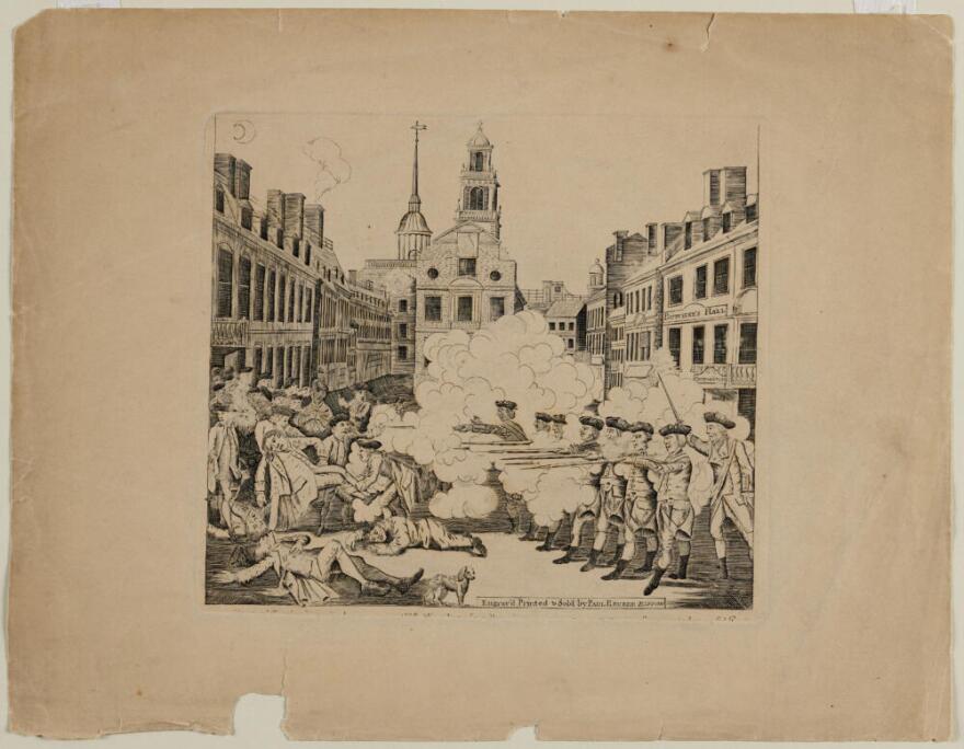 Paul Revere's print "The bloody massacre perpetrated in King Street Boston on March 5th 1770, by a party of the 29th Reg." (Courtesy Boston Public Library)