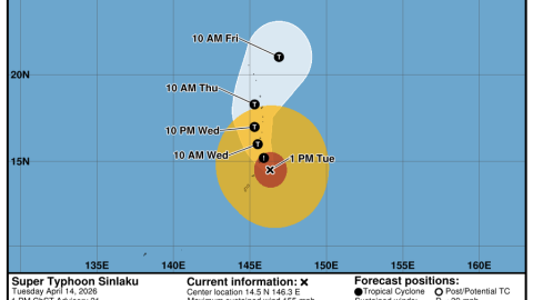 Forecast track of Sinlaku as of 1 p.m. Tuesday.