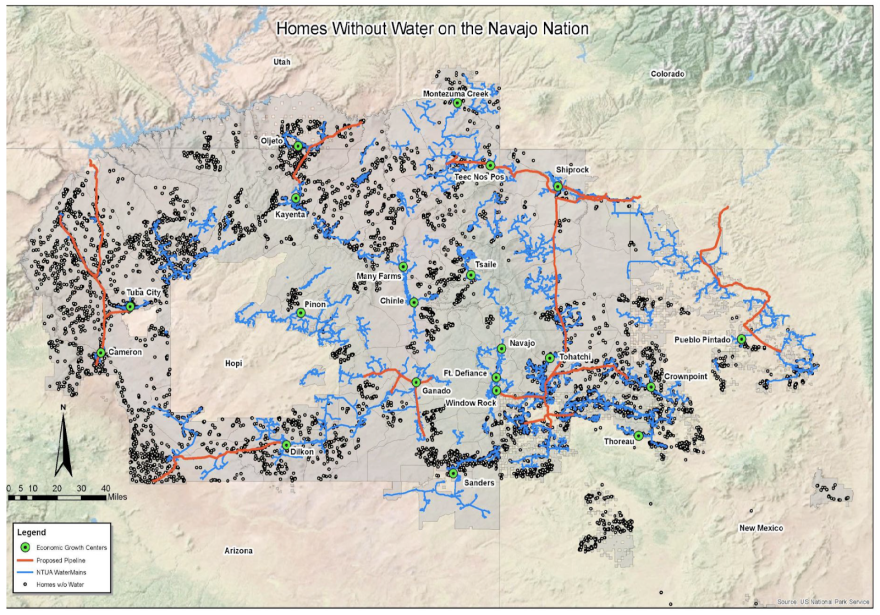 A map shows dots, representing homes without running water on the Navajo Nation. 