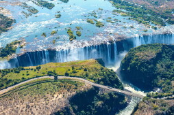 Aerial shot of the Victoria Falls on the Zimbawe Zambia Border.