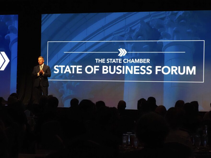 State Chamber President and CEO Chad Warmington speaks at the State of Business Forum, focusing on education initiatives, on Monday at the National Cowboy & Western Heritage Museum in Oklahoma City.