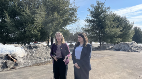 U.S. Reps. Hillary Scholten (D-Grand Rapids) and Haley Stevens (D-Birmingham) speak in a parking lot of North Lake Processing Center, an ICE detention center with 1,500 detainees, after touring the facility on Tuesday, Feb. 17.