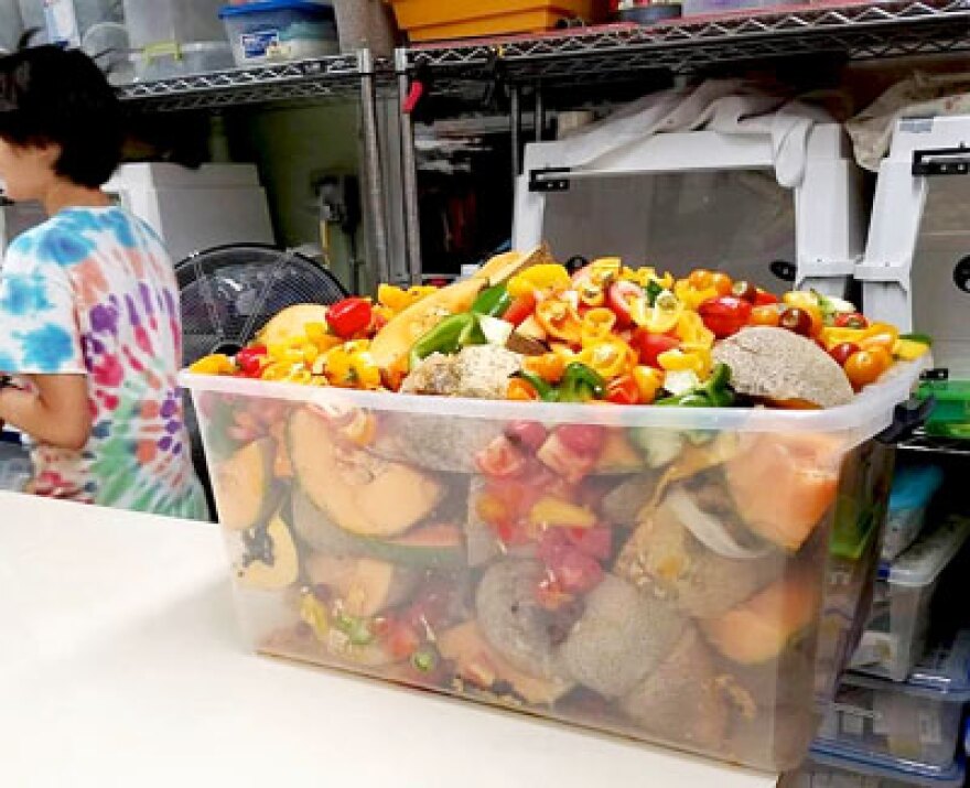 a container of cut fruits and vegetables