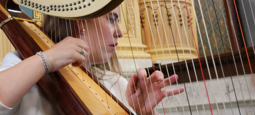 Harpist Nichole Rohrbach McKenzie plays a patriotic medley on her harp at the naturalization ceremony.