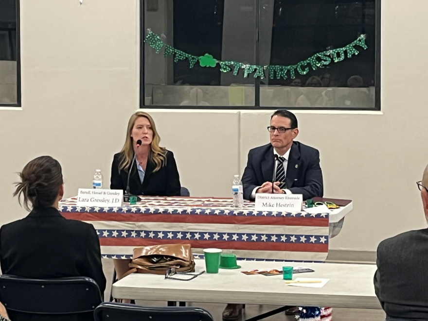 Lawyer Lara Gressley and current Riverside County District Attorney Mike Hestrin debating each on March 16, 2022.