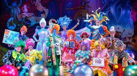 A photo featuring the colorful cast of characters from "Pomp, Snow & CIRQUEumstance," a children's book turned holiday play written by Broadway director Neil Goldberg.