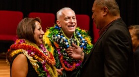 Honolulu Police Chief David Lazar and his wife, Julie Lazar, talk with Don Faumuina, president of the State of Hawaii Organization of Police Officers, after Lazar's swearing in ceremony. (July 2, 2026)