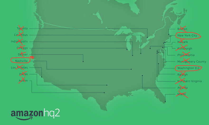 Amazon isn't bringing its second headquarters to South Florida. It will split the office between New York and Washington D.C. It also announced a new operations center in Nashville.