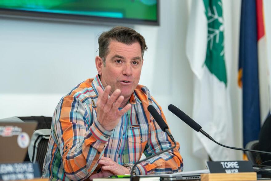Torre speaks at an Aspen City Council meeting on April 8, 2025, while he was serving as mayor. He’s now running for Pitkin County commissioner in District 1.