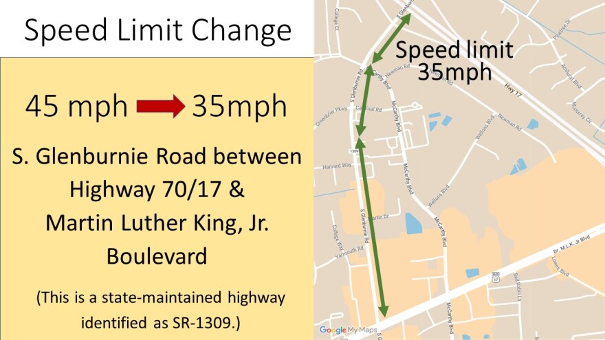 The City of New Bern is cautioning drivers to be aware that the North Carolina Department of Transportation has changed the speed limit along state route SR-1309, otherwise known as South Glenburnie Road.