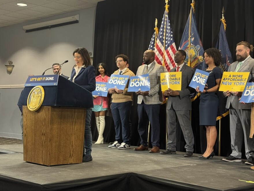 Governor Kathy Hochul at a rally in Syracuse to garner support for her budget proposal.