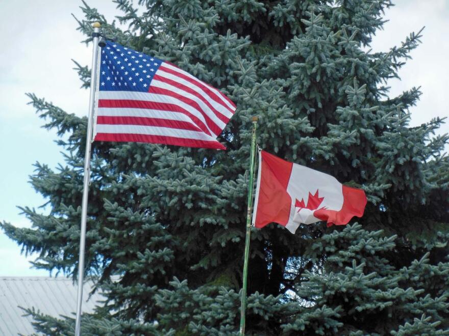 U.S. flag standing beside the Canadian flag in front of a forest green tree