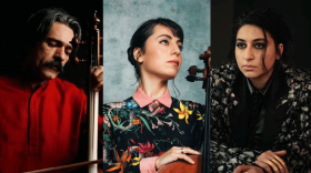 From left to right: composer and kamancheh player Kayhan Kalhor, cellist Karen Ouzounian, and singer Arooj Aftab.