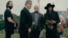 Martin Starr as Bohdi and Sylvester Stallone as Dwight "The General" Manfredi stand next to Makela Yepez as Ahanu and Gregory Zaragoza as Medhat, who acted as members of the Quapaw Nation (left to right) in the Paramount+ original series Tulsa King until the tribe's name was recently changed.