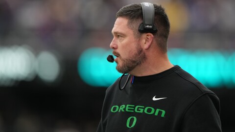 Oregon head coach Dan Lanning looks on from the sideline against Washington during the first half of an NCAA college football game, Saturday, Nov. 29, 2025, in Seattle. 
