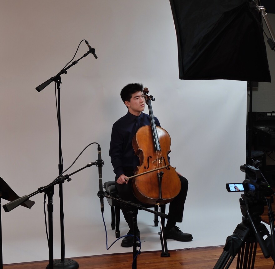 Cellist Samuel Cao records college pre-screen auditions at WRTI's performance studio as part of WRTI's education initiatives.