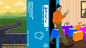 An illustration of a woman walking away from a crumbling road and out of a credit card with a phone in hand and shopping bags around.