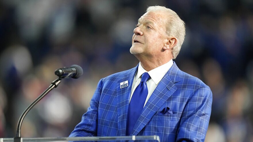 Indianapolis Colts owner Jim Irsay speaks during a Ring of Honor ceremony during halftime of an NFL football game against the Tampa Bay Buccaneers, Sunday, Nov. 28, 2021, in Indianapolis.