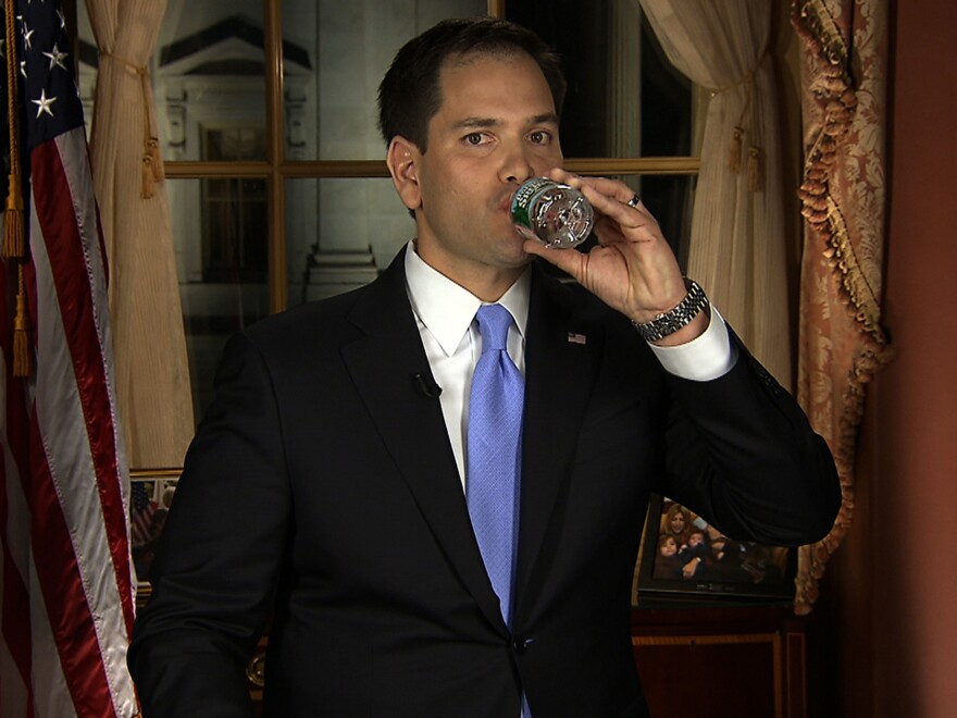 In this screen grab, Florida Sen. Marco Rubio takes a sip of water during his Republican response to President Obama's State of the Union in 2013.