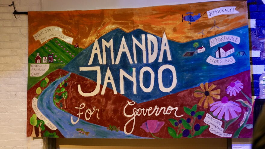 A colorful hand-painted sign with "Amanda Janoo for governor" and various policy priorities 