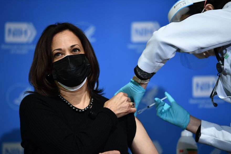 Vice President Harris receives her second dose of the Moderna vaccine at the National Institutes of Health on Jan. 26, an appearance Harris used to promote trust in coronavirus vaccines.