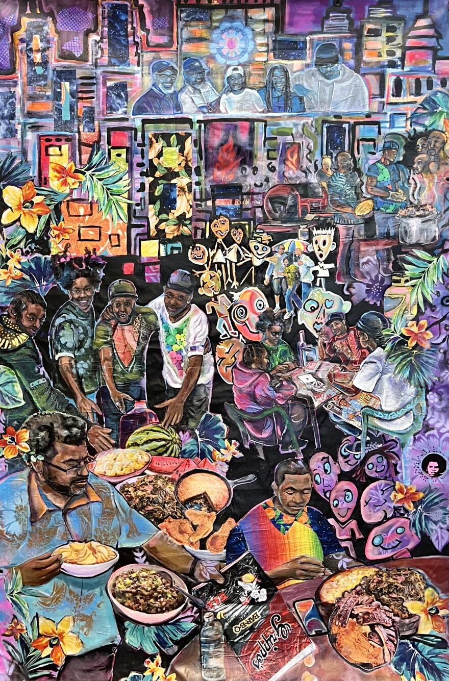 brightly colored artwork by Richard Duarte Brown showing people at a cookout