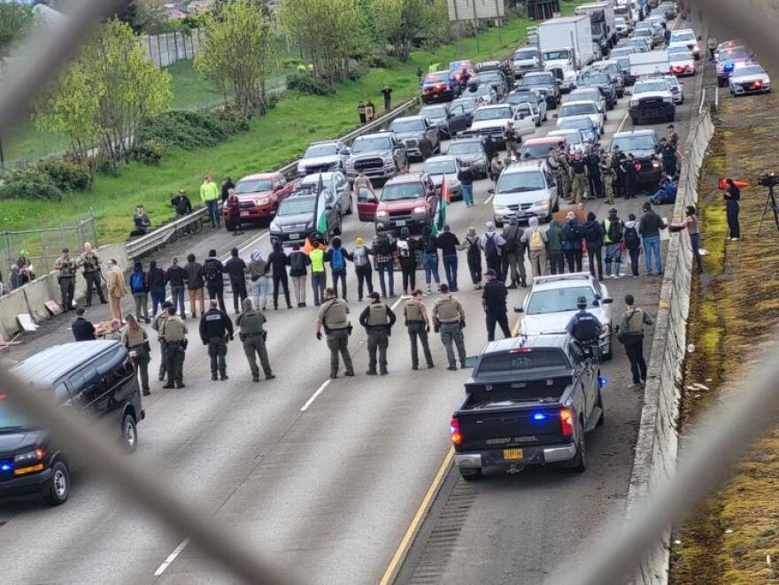  Protesters blocked Interstate 5 in Eugene on Monday, April 15, 2024.