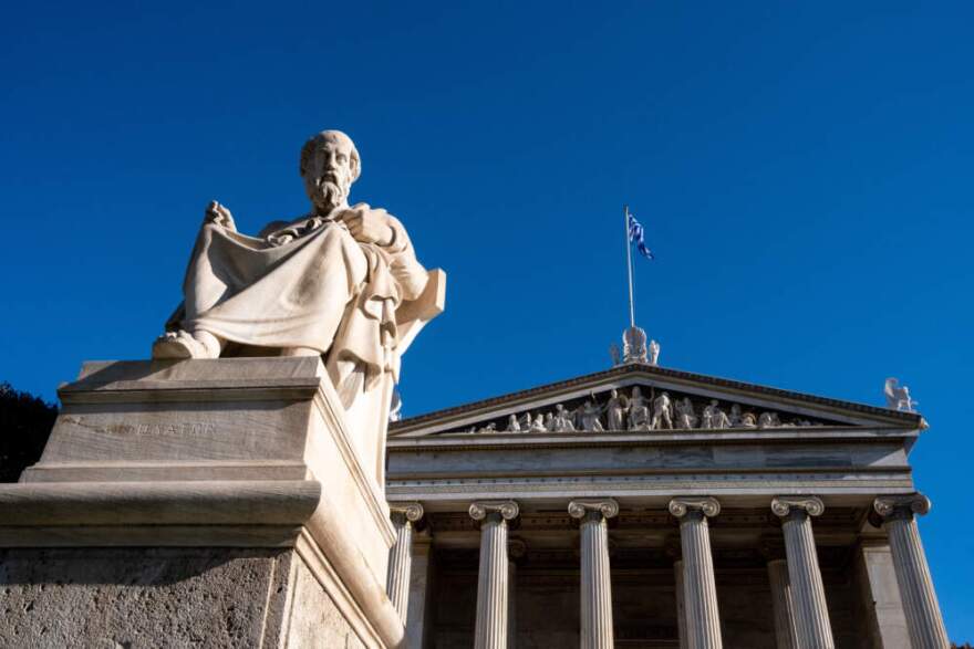 Statue of the ancient Greek philosopher Plato at the Academy of Sciences, Humanities and Fine Arts, Athens, part of the Neoclassical trilogy by Austrian architect Theophil Hansen, capital of Greece on 11 January 2023. (Martin Bertrand/Hans Lucas/AFP via Getty Images)