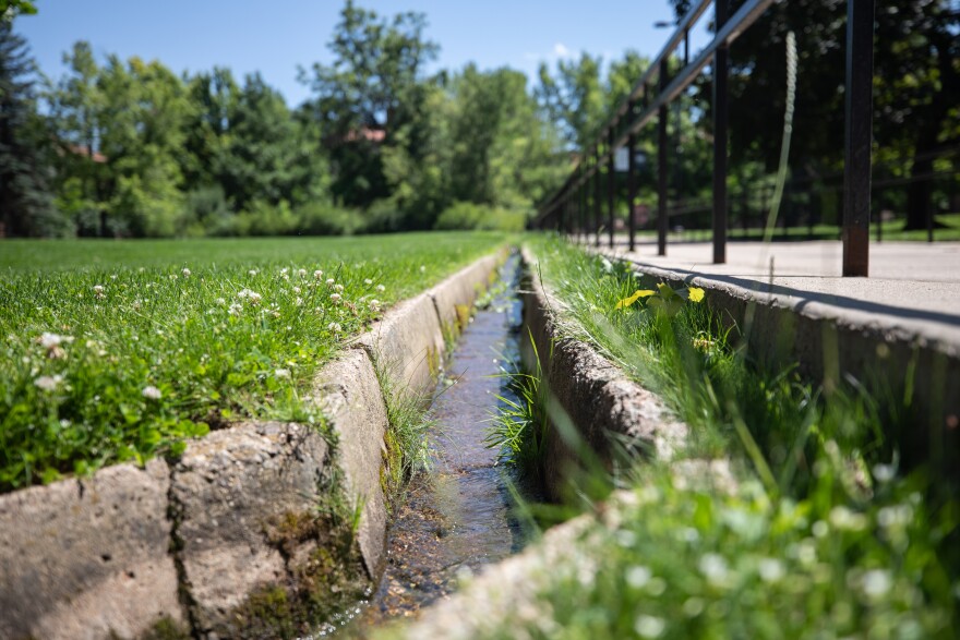 An irrigation ditch going through a greenfield.