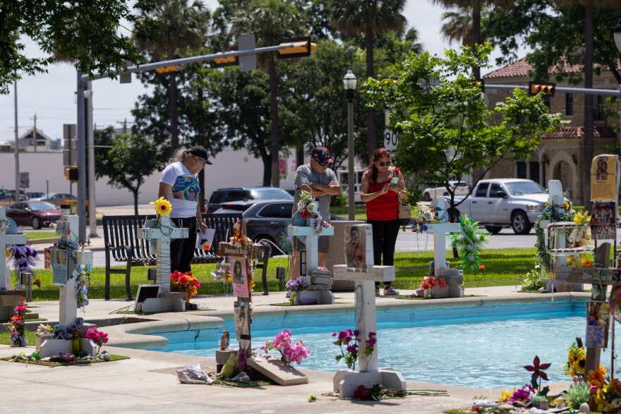 A memorial to the victims at the Uvalde Town Square.