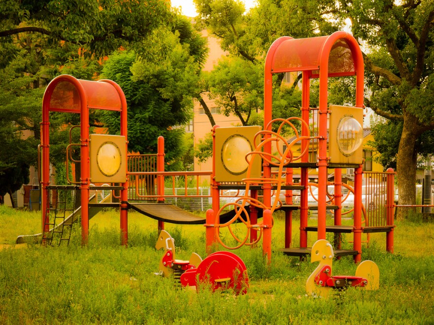 Unlike traditional playgrounds like the one pictured, playscapes aim to incorporate more of a landscape-based design.