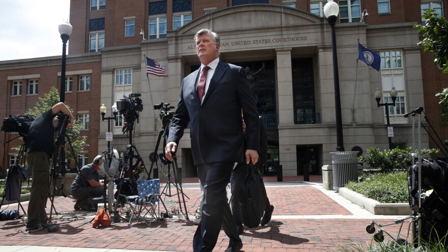 Kevin Downing, an attorney with the defense team for Paul Manafort, leaves federal court Monday as the trial of the former Trump campaign chairman continues.