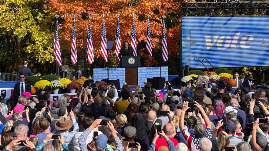 Vice-President Kamala Harris speaks to a crowd of thousands at Riverside Park.