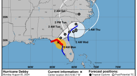 Tracking map shows Debby moving over the state