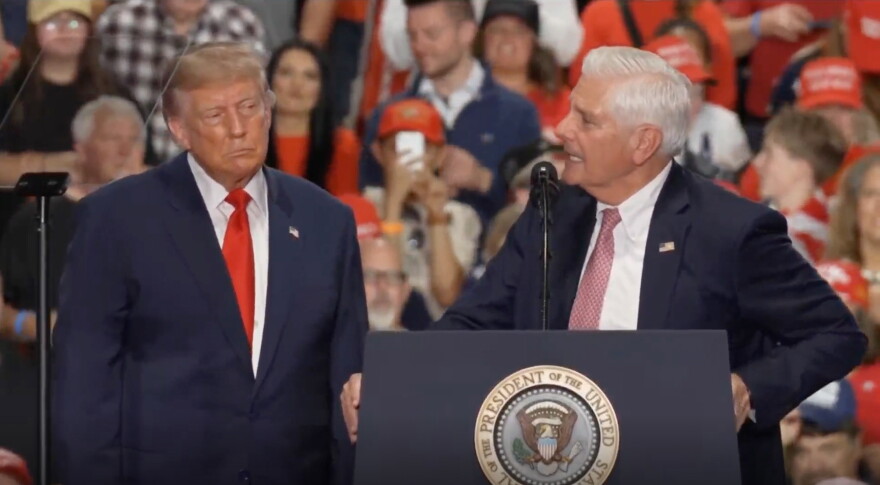 Donald Trump and Bruce Blakeman at a podium at the OnCenter.