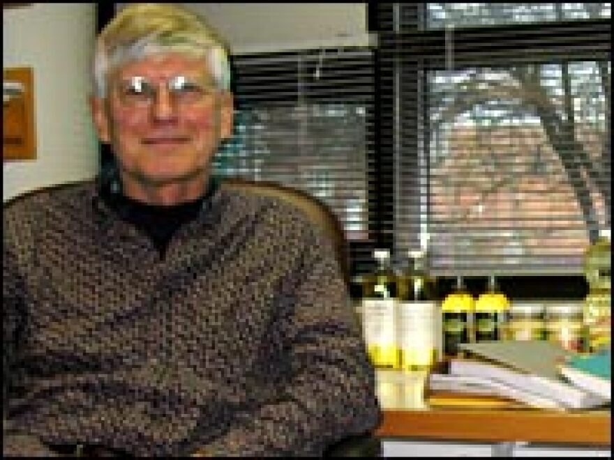 Iowa State University plant breeder Walter Fehr keeps specialty soybean oils in his office for "encouragement." Soybeans supply nearly 80 percent of all the oil used for cooking and baking in the United States.