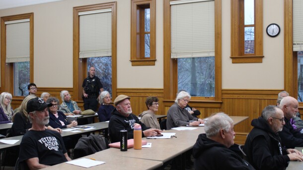 Residents hear how the police department uses military equipment at a meeting in Chico, Calif., on Monday, Feb. 23, 2026.