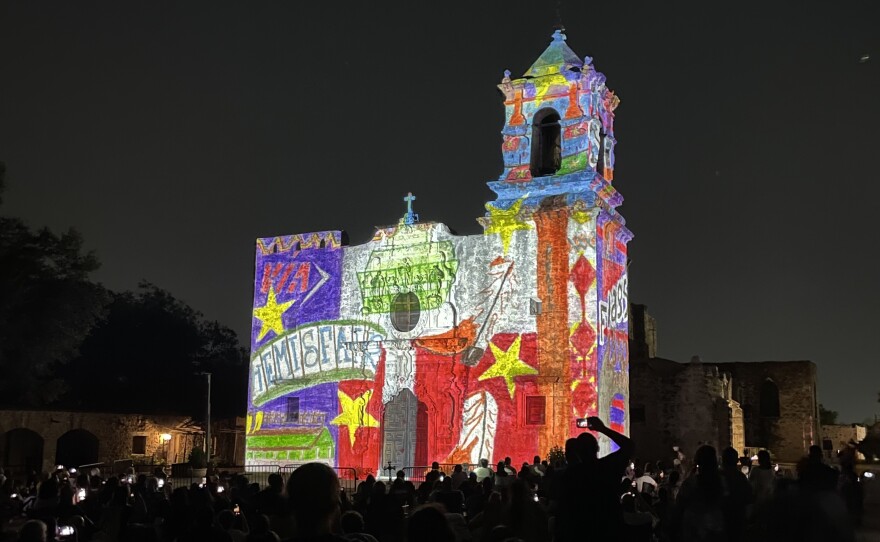Mission San Jose, with projections on the facade