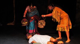 Image of Seema Kukreja as Udip, Robin Carmon Marshall as Anaba and Alexus Wilcox as Corrine in the play "From the Boot of Timberland".