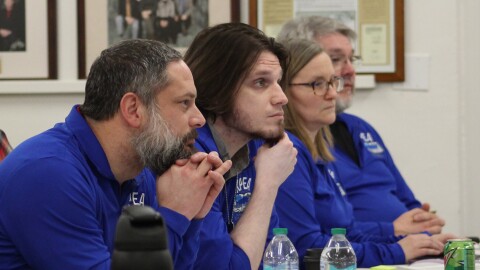 From left, Derek Ratliff, Luke Herman, Alexis Kaferstein and Michael Reid participate in a collective bargaining session on Monday, Mar. 17, 2025 in Soldotna, Alaska.